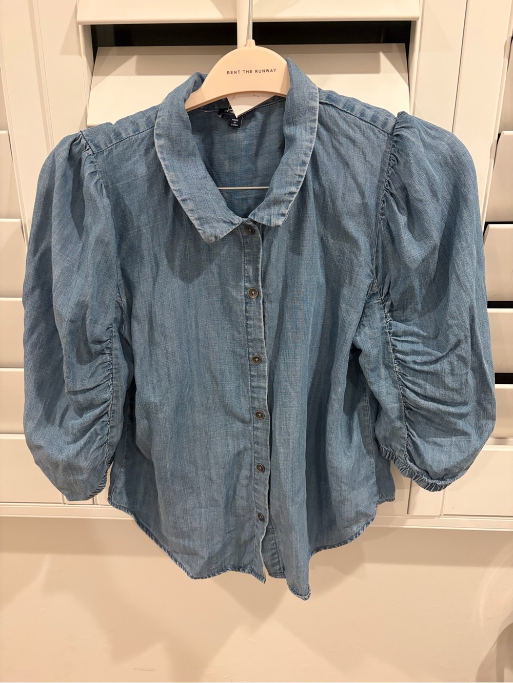 Splendid Medium Blue Chambray Denim Puff Sleeve Ruched Button Down Shirt Top
